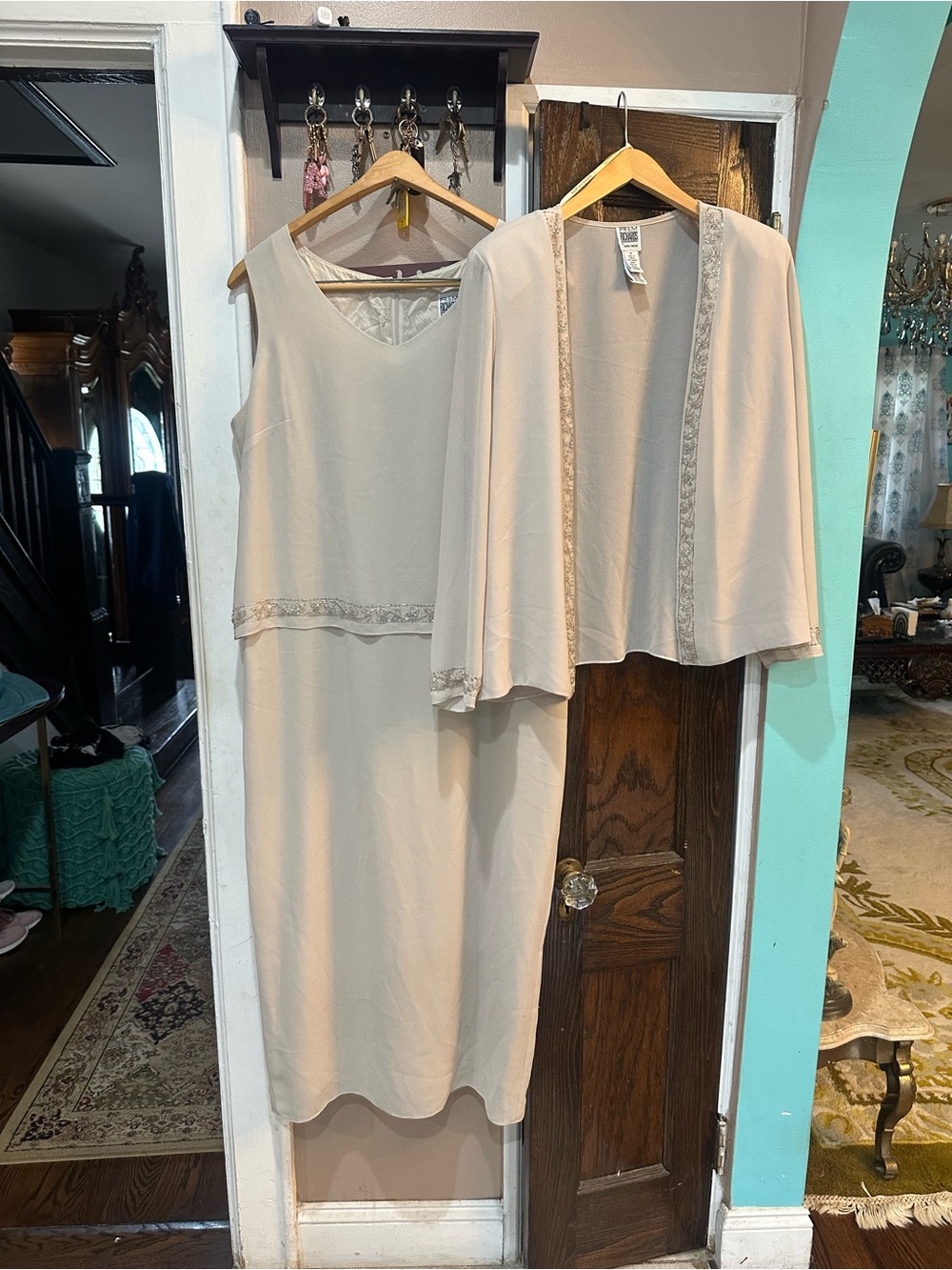 R&M Richards Cream Dress and Matching Jacket with Sequins Trim